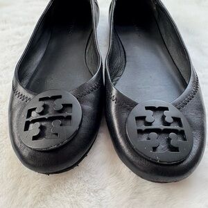 Tory Burch Black Leather Flats with Logo Detail